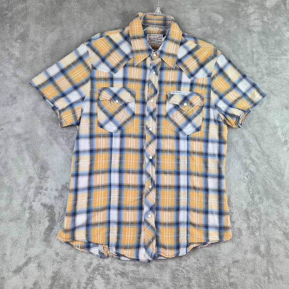 True Religion Rocky Western Shirt Men Large Yellow Blue Plaid Pearl Snap Cotton